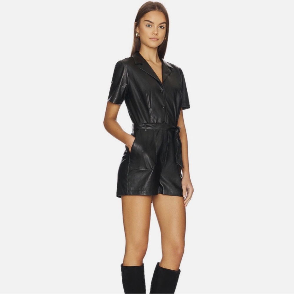 PAIGE Sorenne Black Faux Leather Belted Short Sleeve Romper